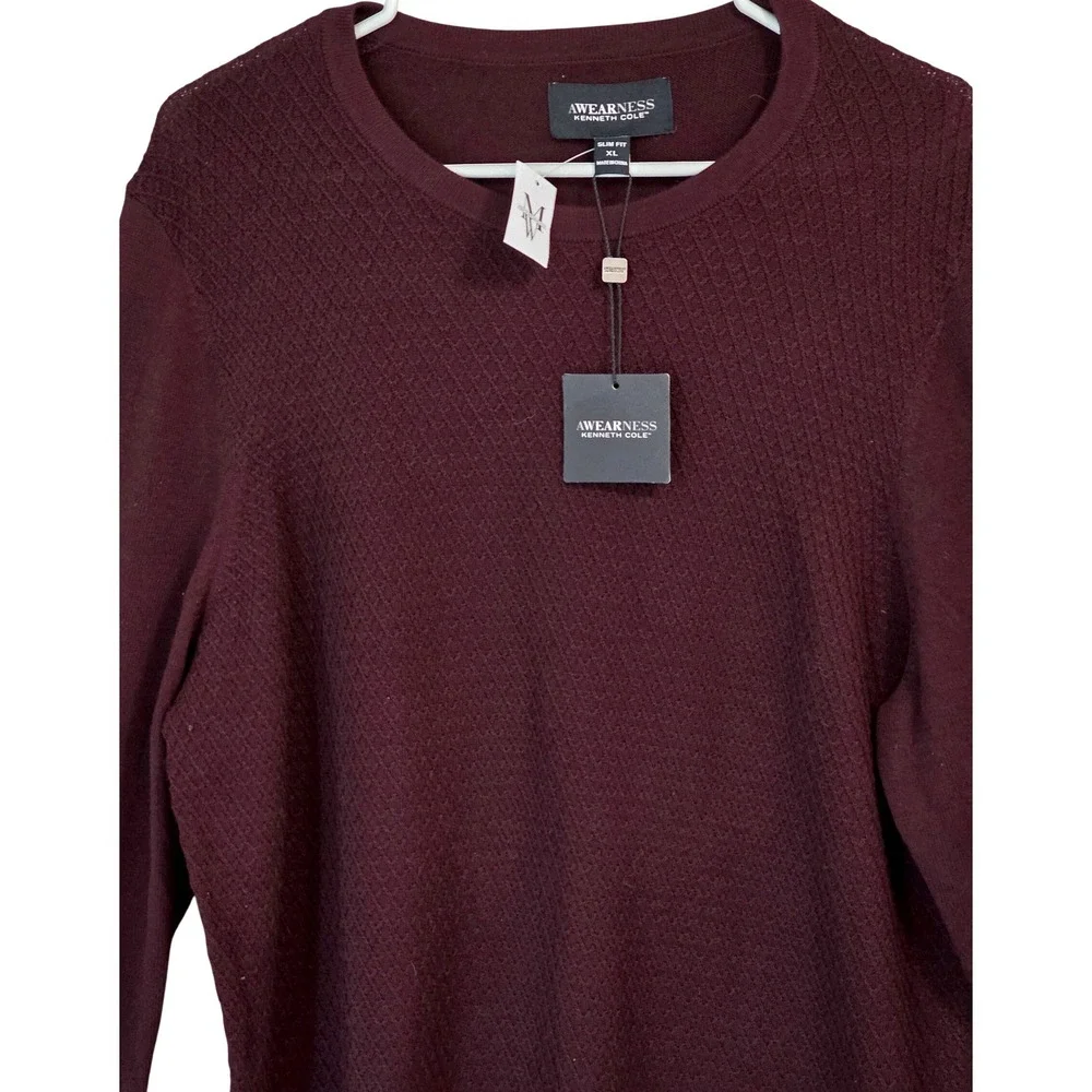 Awearness‎ Kenneth Cole Sweater Mens XL Burgundy NEW Slim Fit Textured Crewneck